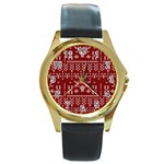 Beautiful Knitted Christmas Pattern Red Round Gold Metal Watch Front