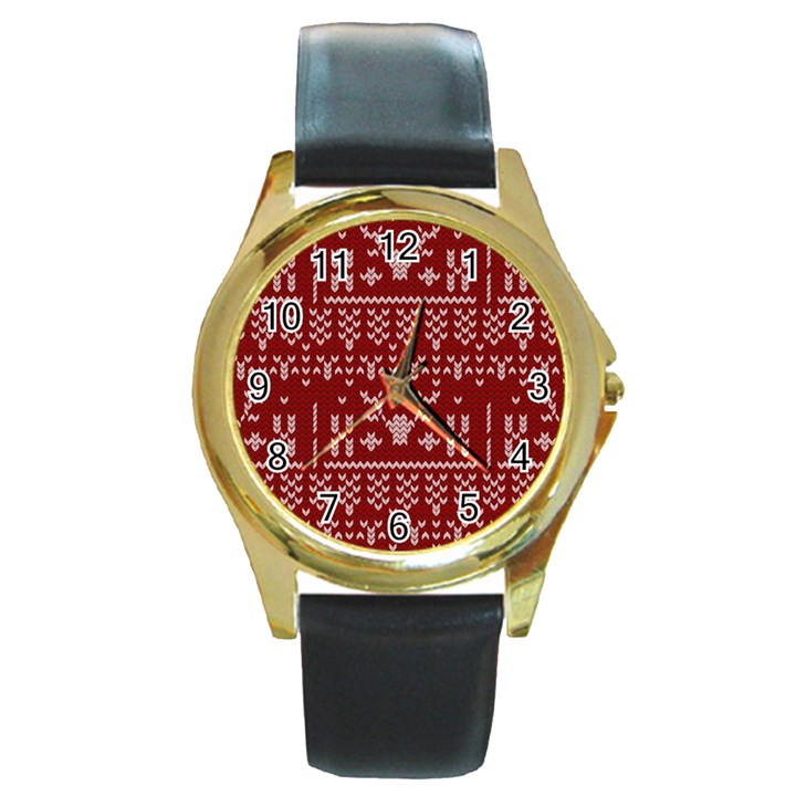 Beautiful Knitted Christmas Pattern Red Round Gold Metal Watch