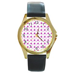 Background Flowers Multicolor Purple Round Gold Metal Watch by HermanTelo