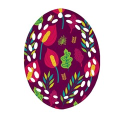 Tropical Flowers On Deep Magenta Oval Filigree Ornament (two Sides)