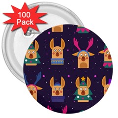 Funny Christmas Pattern With Reindeers 3  Buttons (100 Pack)  by Vaneshart