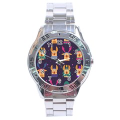 Funny Christmas Pattern With Reindeers Stainless Steel Analogue Watch by Vaneshart