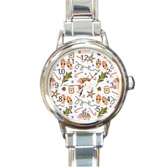 Colorful Seamless Pattern With Traditional Winter Elements Christmas Hygge Style Round Italian Charm Watch by Vaneshart