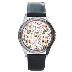 Colorful Seamless Pattern With Traditional Winter Elements Christmas Hygge Style Round Metal Watch by Vaneshart