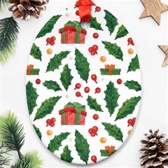 Christmas Seamless Pattern With Holly Red Gift Box Ornament (oval) by Vaneshart