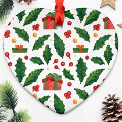 Christmas Seamless Pattern With Holly Red Gift Box Ornament (heart) by Vaneshart