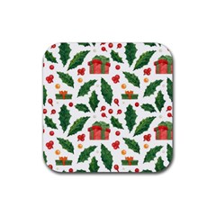 Christmas Seamless Pattern With Holly Red Gift Box Rubber Coaster (square)  by Vaneshart