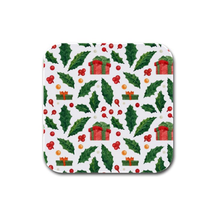 Christmas Seamless Pattern With Holly Red Gift Box Rubber Square Coaster (4 pack) 