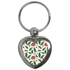 Christmas Seamless Pattern With Holly Red Gift Box Key Chain (heart) by Vaneshart