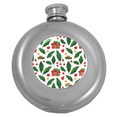 Christmas Seamless Pattern With Holly Red Gift Box Round Hip Flask (5 Oz) by Vaneshart