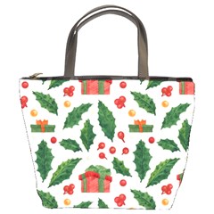 Christmas Seamless Pattern With Holly Red Gift Box Bucket Bag by Vaneshart