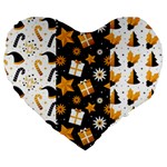 Black Golden Christmas Pattern Collection Large 19  Premium Flano Heart Shape Cushions Front