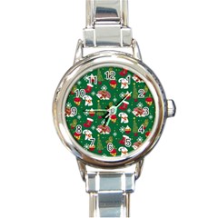 Colorful Funny Christmas Pattern Green Round Italian Charm Watch by Vaneshart