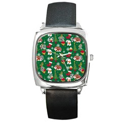 Colorful Funny Christmas Pattern Green Square Metal Watch by Vaneshart