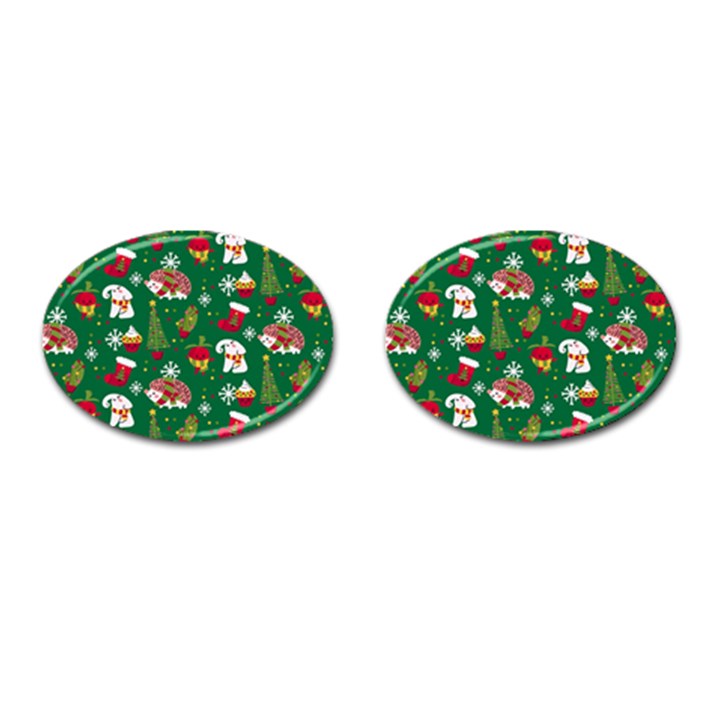 Colorful Funny Christmas Pattern Green Cufflinks (Oval)