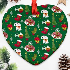 Colorful Funny Christmas Pattern Green Heart Ornament (two Sides) by Vaneshart