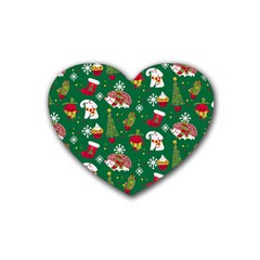 Colorful Funny Christmas Pattern Green Rubber Coaster (heart)  by Vaneshart