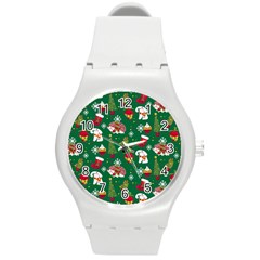 Colorful Funny Christmas Pattern Green Round Plastic Sport Watch (m) by Vaneshart