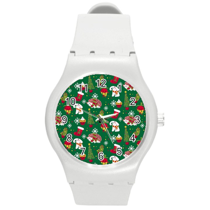 Colorful Funny Christmas Pattern Green Round Plastic Sport Watch (M)