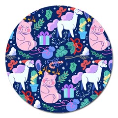 Colorful Funny Christmas Pattern Pig Animal Magnet 5  (round) by Vaneshart