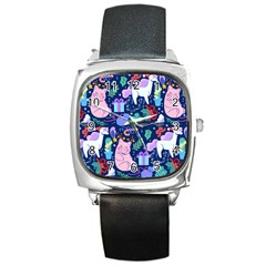 Colorful Funny Christmas Pattern Pig Animal Square Metal Watch by Vaneshart