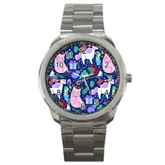 Colorful Funny Christmas Pattern Pig Animal Sport Metal Watch by Vaneshart