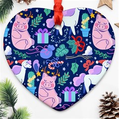 Colorful Funny Christmas Pattern Pig Animal Heart Ornament (two Sides) by Vaneshart