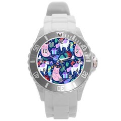 Colorful Funny Christmas Pattern Pig Animal Round Plastic Sport Watch (l) by Vaneshart