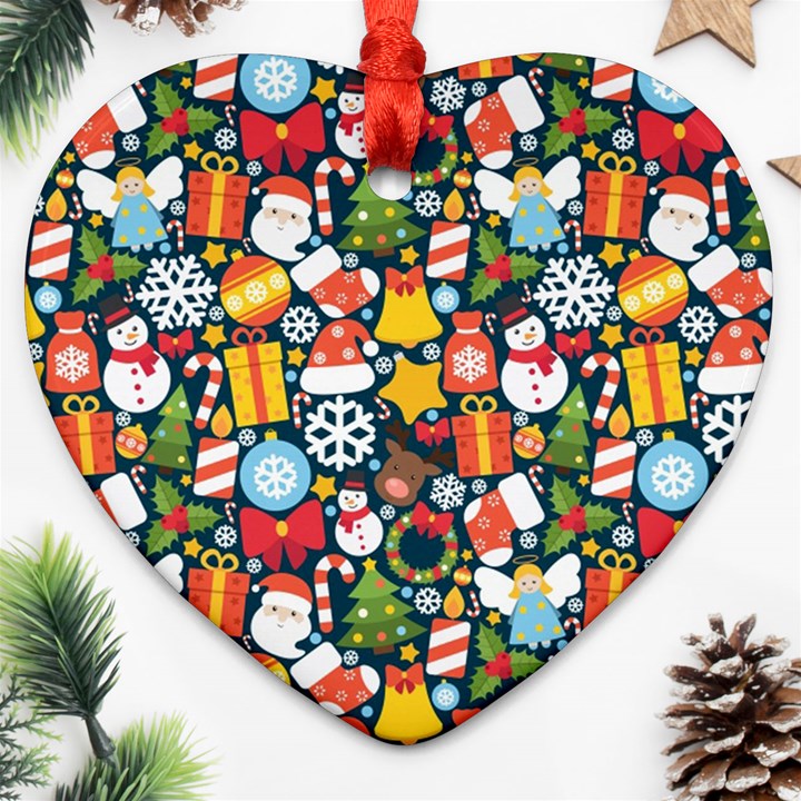 Colorful Pattern With Decorative Christmas Elements Heart Ornament (Two Sides)