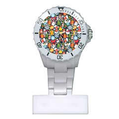 Colorful Pattern With Decorative Christmas Elements Plastic Nurses Watch