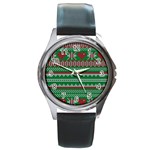 Knitted Christmas Pattern Green Red Round Metal Watch Front