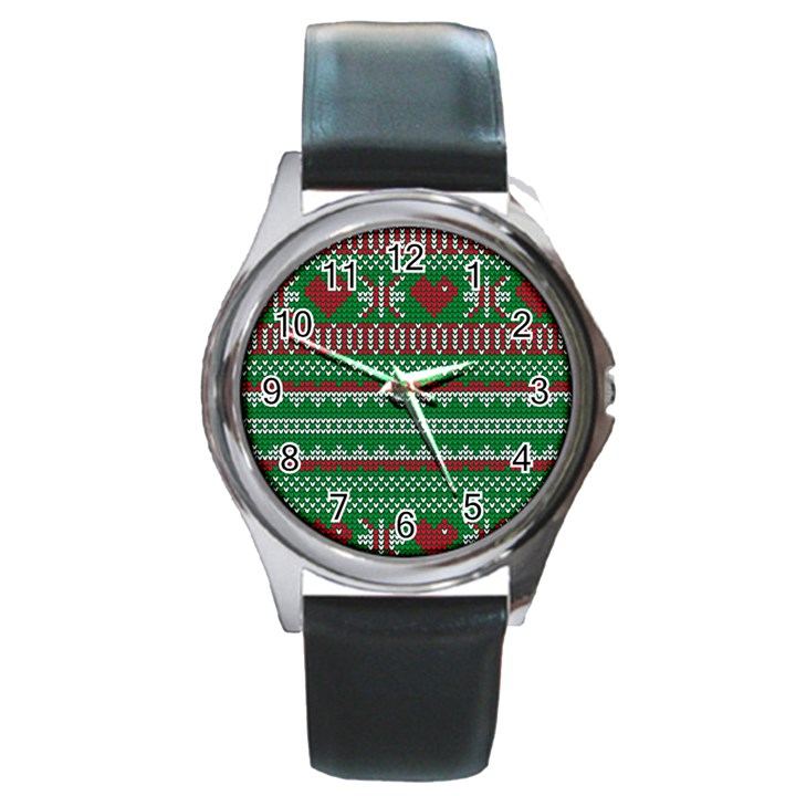 Knitted Christmas Pattern Green Red Round Metal Watch