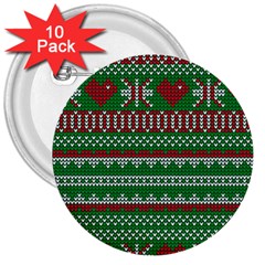 Knitted Christmas Pattern Green Red 3  Buttons (10 Pack) 