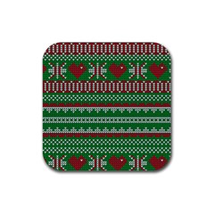 Knitted Christmas Pattern Green Red Rubber Coaster (square)  by Vaneshart