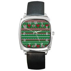 Knitted Christmas Pattern Green Red Square Metal Watch by Vaneshart