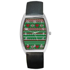 Knitted Christmas Pattern Green Red Barrel Style Metal Watch by Vaneshart