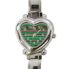 Knitted Christmas Pattern Green Red Heart Italian Charm Watch by Vaneshart