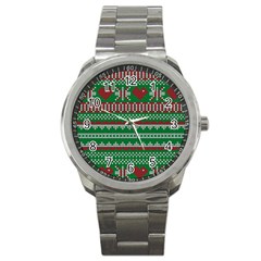 Knitted Christmas Pattern Green Red Sport Metal Watch by Vaneshart