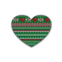 Knitted Christmas Pattern Green Red Rubber Coaster (heart)  by Vaneshart