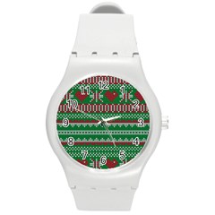 Knitted Christmas Pattern Green Red Round Plastic Sport Watch (m) by Vaneshart