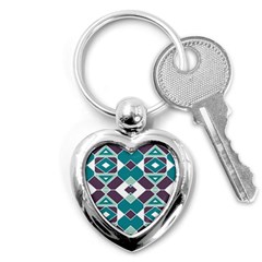 Teal And Plum Geometric Pattern Key Chain (heart) by mccallacoulture