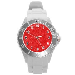 Modern Red And White Confetti Pattern Round Plastic Sport Watch (l)