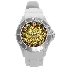 Fractal Flower Petals Gold Round Plastic Sport Watch (l)