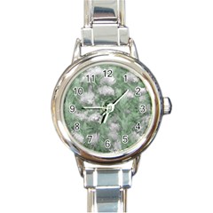 Green And White Textured Botanical Motif Manipulated Photo Round Italian Charm Watch by dflcprintsclothing