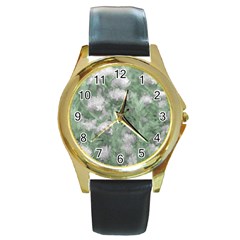 Green And White Textured Botanical Motif Manipulated Photo Round Gold Metal Watch by dflcprintsclothing