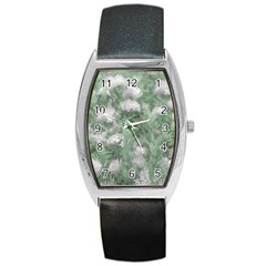 Green And White Textured Botanical Motif Manipulated Photo Barrel Style Metal Watch by dflcprintsclothing