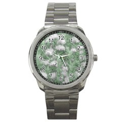 Green And White Textured Botanical Motif Manipulated Photo Sport Metal Watch by dflcprintsclothing