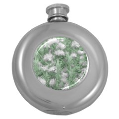 Green And White Textured Botanical Motif Manipulated Photo Round Hip Flask (5 Oz) by dflcprintsclothing