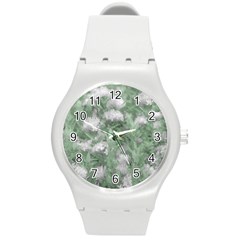 Green And White Textured Botanical Motif Manipulated Photo Round Plastic Sport Watch (m) by dflcprintsclothing