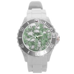 Green And White Textured Botanical Motif Manipulated Photo Round Plastic Sport Watch (l) by dflcprintsclothing